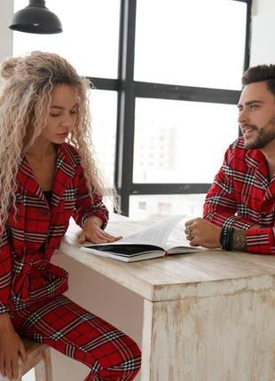 Пижама байка теплая в клетку унисекс на пуговицах рубашка и штаны 8 цветов