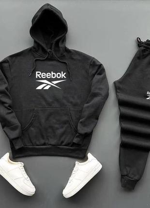 Спортивный костюм reebok ребр худи с капюшоном с карманом кенгуру штаны на манжетах комплект черный белый мужской натуральный