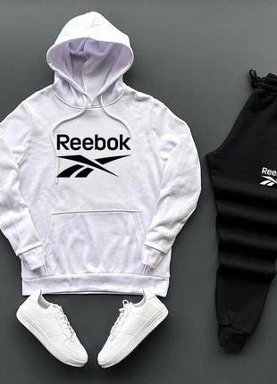 Спортивный костюм reebok ребр худи с капюшоном с карманом кенгуру штаны на манжетах комплект черный белый мужской натуральный