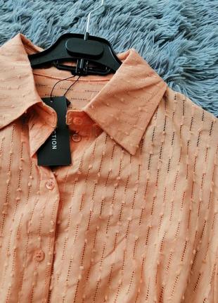 Хлопковая летняя натуральная рубашка оверсайз пышный рукав полупрозрачная прошва морковка и оливка3 фото