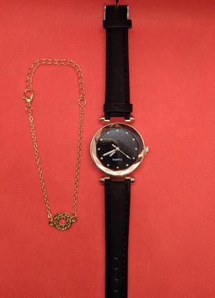 Стильные женские черные часы ➕ подарок женский браслет2 фото