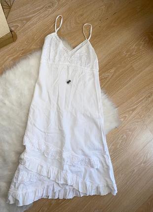 Белый итальянский хб сарафан платье миди хлопковое с рюшами2 фото