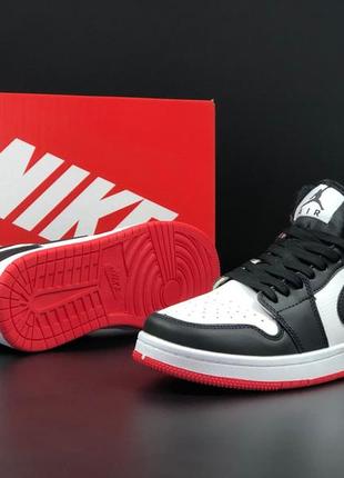 Кросівки чоловічі nike air jordan 1 з натуральної шкіри червоні чорні зі шнурівкою високі демі осінь/весна4 фото