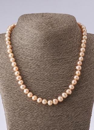 Бусы жемчуга речные (культ) круглая форма розовый персиковый l-47см d-8-9мм(+-)