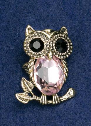 Брошь сова, розовый и черный камень, золотистый металл 34х27 мм
