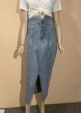 Трендовая джинсовая длинная юбка юбка1 фото