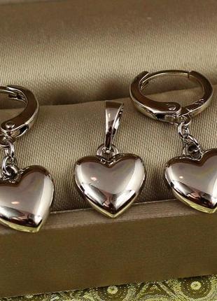 Набір xuping jewelry сережки підвіски та кулон чисте серце 2.6 см сріблястий