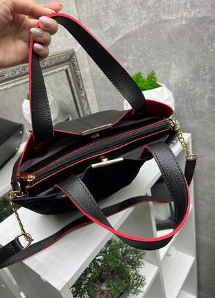 Женская классическая сумка черная с красным, сумочка из эко-кожи и замши, замша, замшевая элегантная а47 фото