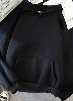 Худи женское оверсайз однотонное на флисе с капишоном с карманом качественное стильное теплое черное