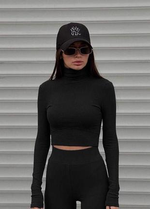 Костюм спортивний жіночий чорний однотонний топ на довгий рукав лосини на високій посадці якісний стильний базовий