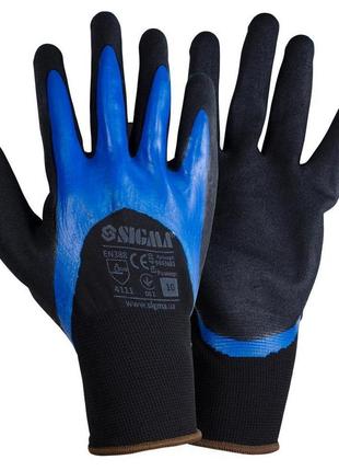 Перчатки трикотажные с двойным нитриловым покрытием р10 (сине-черные, манжет) sigma (9443681)
