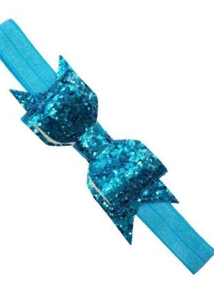 Повязка детская с блестками голубая - размер универсальный (на резинке), бантик 9см