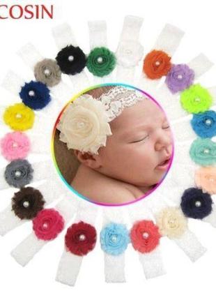 Мереживна дитяча пов'язка коричнева - окружність 36-44см, квітка 6см2 фото