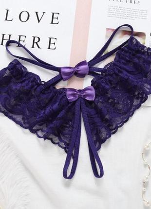 Эротические трусики фиолетовые женские с разрезом и бантиками - размер универсальный (на резинке)