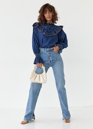 Джинсовая вышитая блуза с рюшами - джинс цвет, s (есть размеры) l3 фото