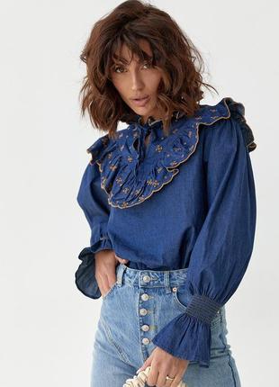 Джинсовая вышитая блуза с рюшами - джинс цвет, s (есть размеры) l5 фото