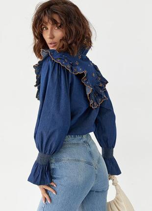 Джинсовая вышитая блуза с рюшами - джинс цвет, s (есть размеры) l2 фото