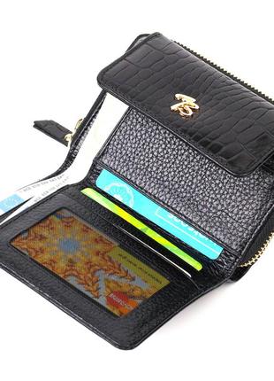 Компактний жіночий гаманець із місткою монетницею на блискавці з натуральної шкіри з тисненням під крокодила4 фото