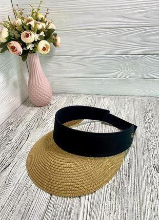 Козирок сонцезахисний солом'яний бежевий з чорним обручем (козирок 9 см)