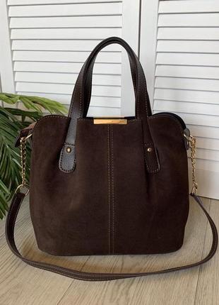 Коричнева замшева жіноча сумка містка шопер сумочка натуральна замша + кокоса1 фото