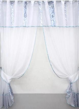 Комплект штор на кухню, балкон (280х170см) з ламбрекеном. колір блакитний з білим