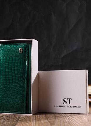 Лакований жіночий гаманець із блоком для візиток із натуральної шкіри st leather 19424 зелений8 фото