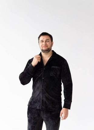 Домашній костюм піжама чоловіча велюр плюш сорочка і штани чорний2 фото