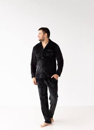 Домашній костюм піжама чоловіча велюр плюш сорочка і штани чорний4 фото