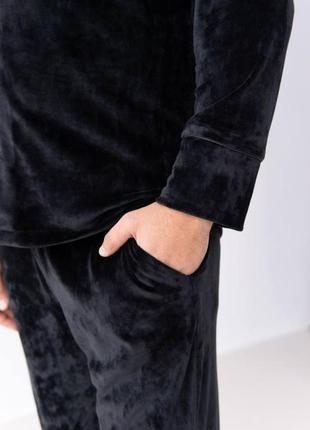 Домашній костюм піжама чоловіча велюр плюш сорочка і штани чорний5 фото