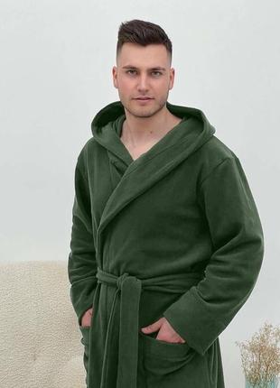Чоловічий флісовий халат cosy з капюшоном хакі(зелений)3 фото