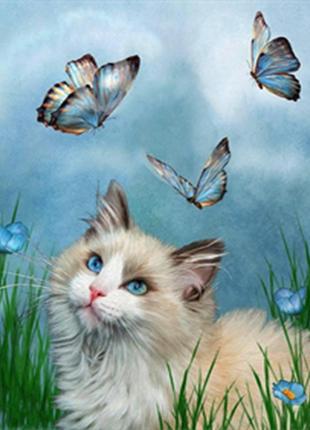 Набір алмазна мозаїка вишивка кішка і метелик пухнастий кошеня на підрамнику повна 5d 30х40
