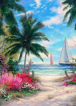 Набір алмазна мозаїка вишивка "райський пляж" гаваї блакитний берег пальми на підрамнику повна 30х40