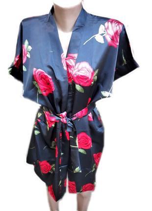 Халат кимоно атласный, короткий на запах, черный с розами, тм v.v.