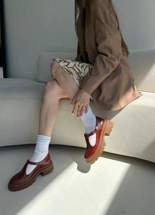 Руді коричневі коньячні туфлі мері джейн на масивній підошві3 фото