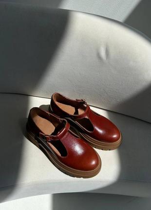 Рыжие коричневые коньячные туфли мери джейн на массивной подошве6 фото