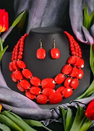 Жіночий набір прикрас червоне намисто та кульчики для вишиванки, українські червоні коралі, біжутерія, прикраси