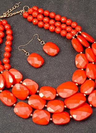Женский набор украшений красное ожерелье и серьги для вышиванки, украинские красные бусы, бижутерия2 фото