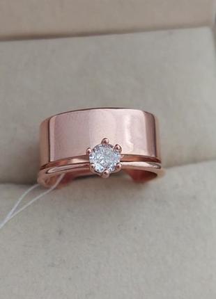 Серебряное двойное широкое кольцо с позолотой как обручальное с цирконом