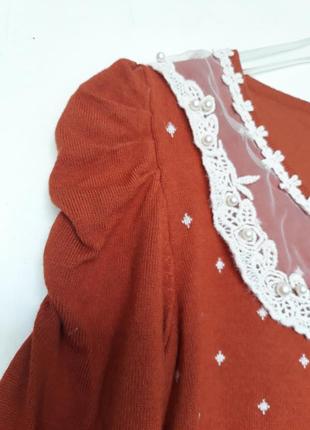 Женский свитер нарядный с воротником лонглив джемпер трикотаж с жемчугом оранжевый турция4 фото