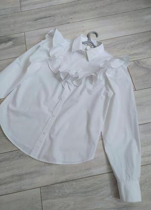 Белоснежная рубашка блуза с рюшами валанами h&amp;m,женская белая рубашка