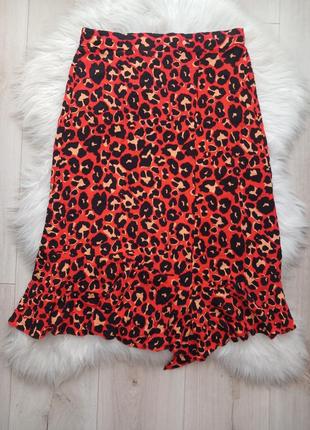 Леопардовая юбка миди, юбка с анималистическим принтом на высокой посадке, красная леопардовая юбка