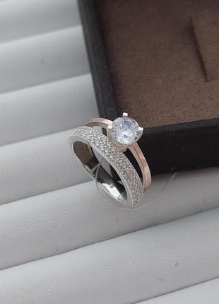 Серебряное кольцо с золотыми напайками и круглым фианитом двойное8 фото