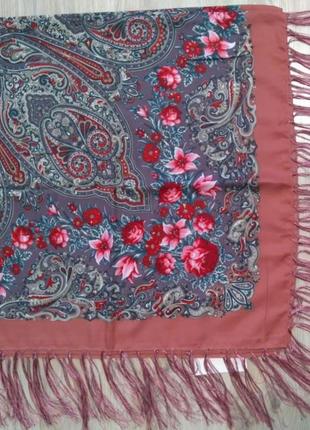 Павлопосадский платок с бахромой, українська національна хустка, розовый, в расцветках3 фото