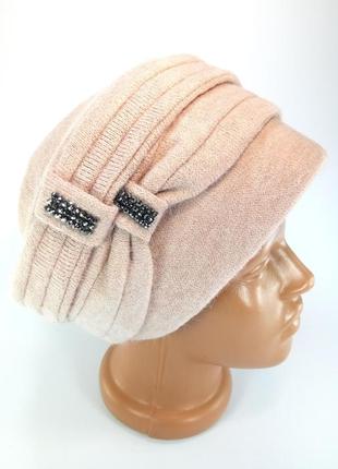 Шапка-берет женская чалма утепленная объемные шапки с оборками флис осень зима бежевый персиковый1 фото