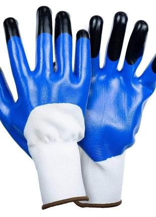Рукавички трикотажні з частковим нітриловим покриттям посилені пальці р9 (синьо-чорні, манжет) sigma