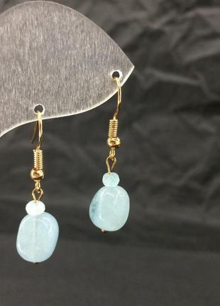 Сережки з натуральним каменем аквамарин галтовка+рондель