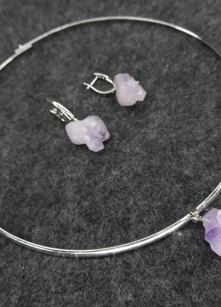 Набор натурального камня аметист серьги l-37м и кулон на железной обруче l-18м d-14cм
