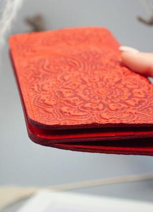 Красный кошелек женский кожаный длинный с орнаментом тиснением цветочный сад