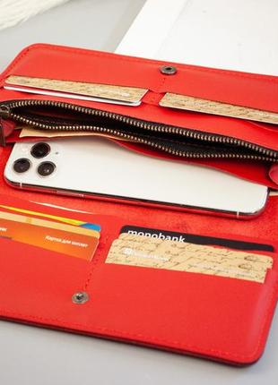 Красный кошелек женский кожаный длинный с орнаментом тиснением цветочный сад