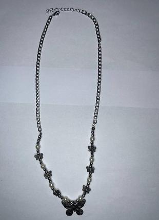 Цепь кирпичик ожерелье серебристый кулон подвеска цепочка с бабочкой бисером2 фото